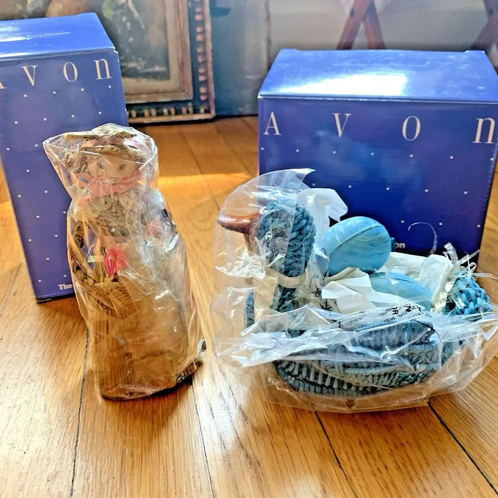Avon Straw Bunny Pomander, Duck Soap Holder Blue Easter Collectibles NIB